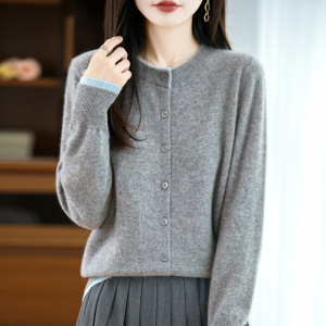 撞色圆领全羊毛针织开衫女装系扣长袖外套宽松显瘦新款气质开衫