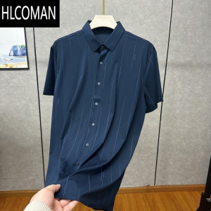 HLCOMAN超柔软 冰丝+无痕 弹力舒适短袖衬衫 男士夏商务翻领休闲藏青绿