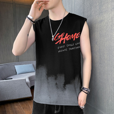 夏季新款纯棉无袖T恤休闲潮流ins时尚上衣宽松运动圆领印花衣服男