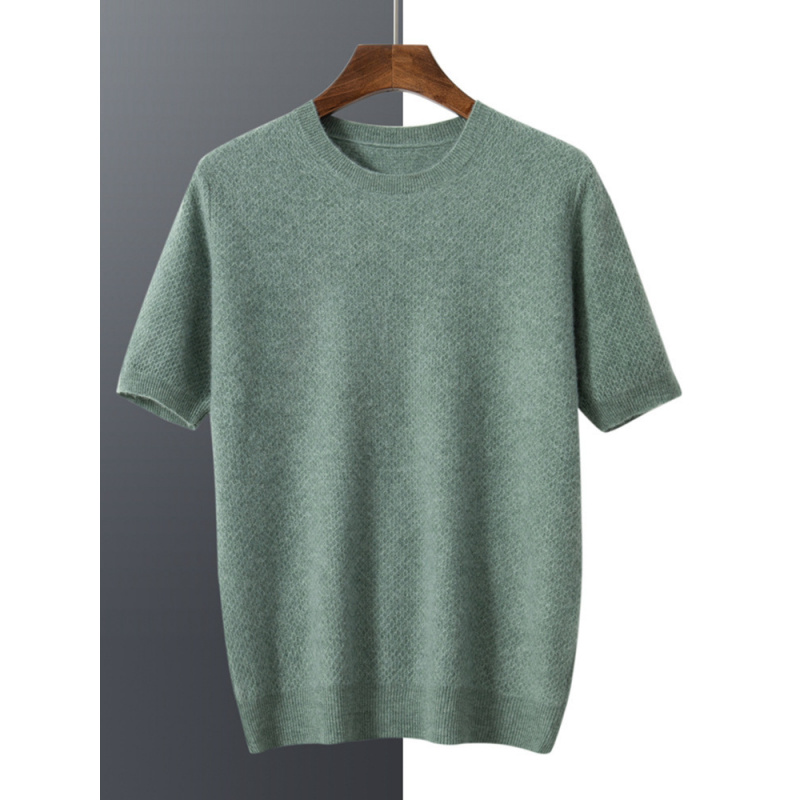 蜂窝提花羊绒短袖男圆领套头山羊绒毛衣T恤加厚半袖羊毛针织衫