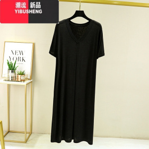 YIBUSHENG连衣裙女季莫代尔V领短袖家居睡裙大码宽松薄款A字裙大摆裙长裙