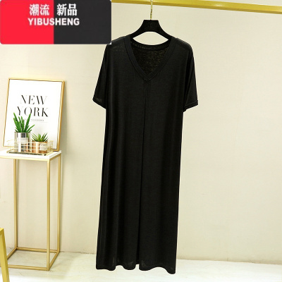 YIBUSHENG连衣裙女季莫代尔V领短袖家居睡裙大码宽松薄款A字裙大摆裙长裙