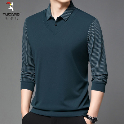 啄木鸟男士秋冬假两件长袖T恤上衣翻领卫衣中老年宽松加绒打底衫