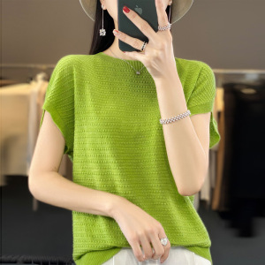 一线成衣精纺羊毛短袖女圆领宽松薄款蝙蝠袖背心上衣镂空外搭