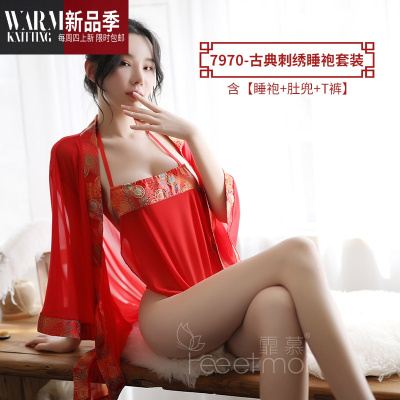 古典刺绣睡袍惑和服性感网纱套装情趣内衣女骚SHANCHAO古典刺绣睡袍套装含外罩衫+肚兜+T裤-默认尺寸
