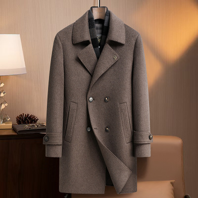 高端含羊绒羊毛双面呢大衣男士秋冬新款脱卸围巾鹅绒马甲羊绒外套