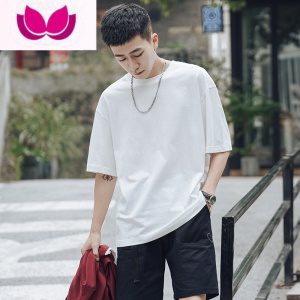 七斓F夏季圆领宽松短袖T恤男士白色半袖潮流青少年体恤休闲打底衫