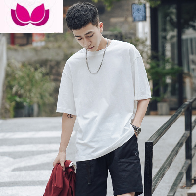 七斓F夏季圆领宽松短袖T恤男士白色半袖潮流青少年体恤休闲打底衫