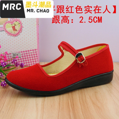 19年新款女布鞋平绒一代浅口坡跟鞋大红色广场跳舞鞋子墨斗潮品休闲鞋