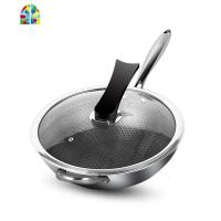 304不锈钢锅炒锅 无油烟无涂层电磁炉燃气灶家用多功能炒菜锅 FENGHOU 34CM单面全屏(单锅)