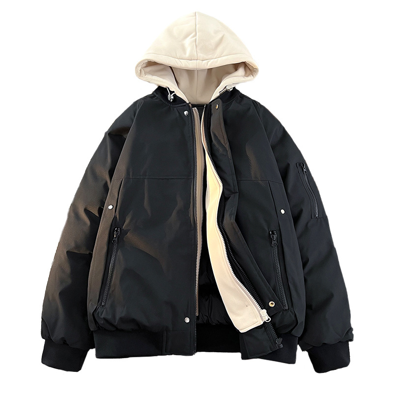 男装假两件连帽棉服男女同款冬季韩版宽松保暖棉服情侣款潮牌外套