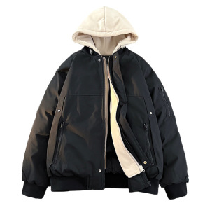 男装假两件连帽棉服男女同款冬季韩版宽松保暖棉服情侣款潮牌外套