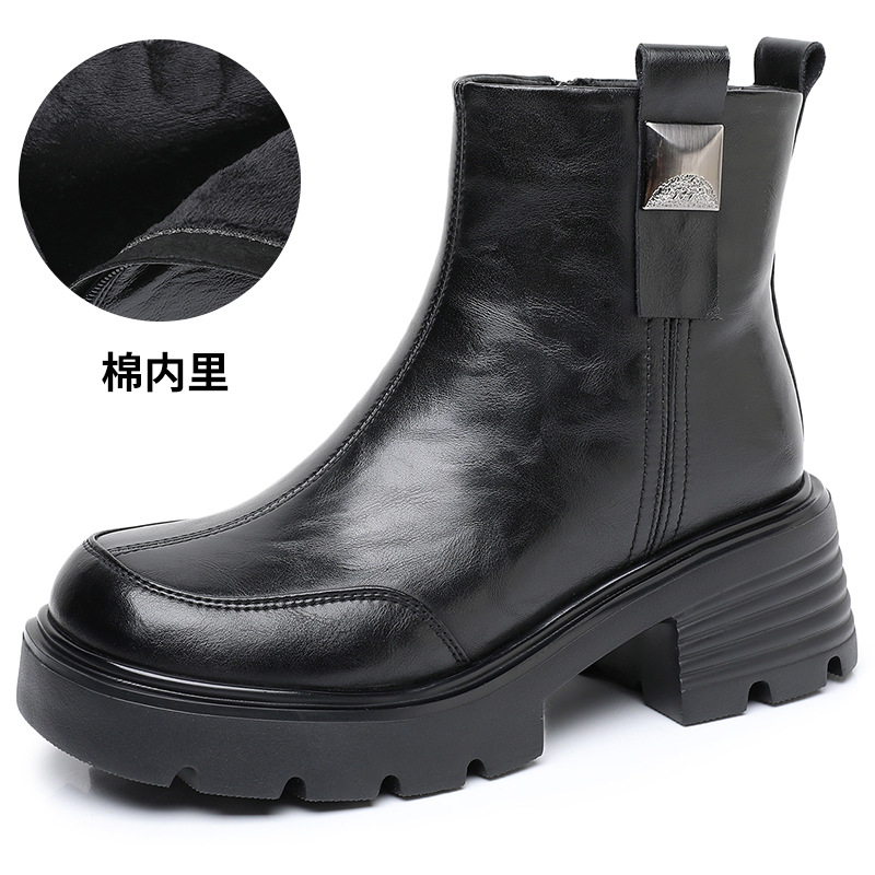 复古马丁靴女年秋冬季新款真皮加绒厚底粗跟舒适切尔西皮靴女