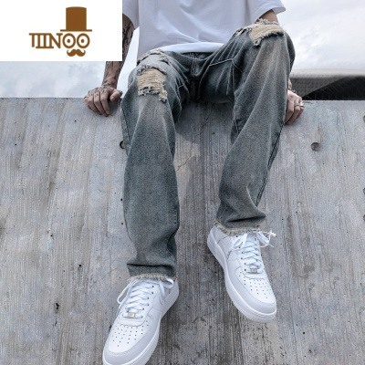 YANXU美式复古做旧破洞牛仔裤男士宽松直筒夏季高街ins潮牌休闲长裤子