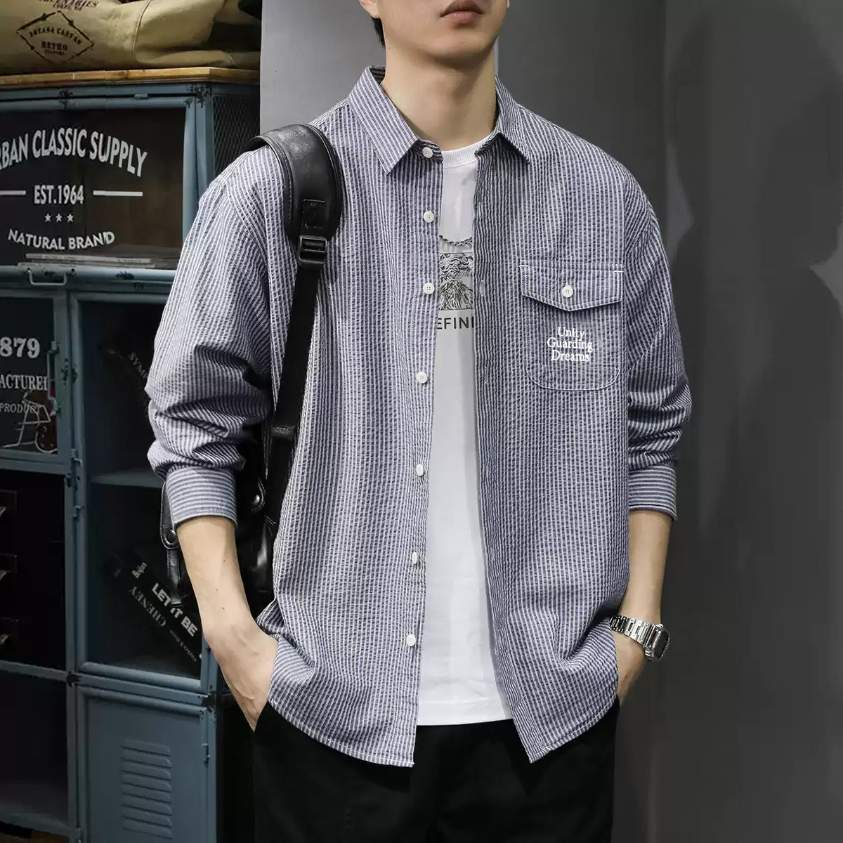 [2.5折价94元]唐狮春款衬衫条纹衬衫长袖衬衫男士衬衣休闲衬衫男士长袖衬衫