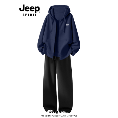 Jeep吉普开衫卫衣套装男款春秋季新款宽松休闲运动服外套长裤男装