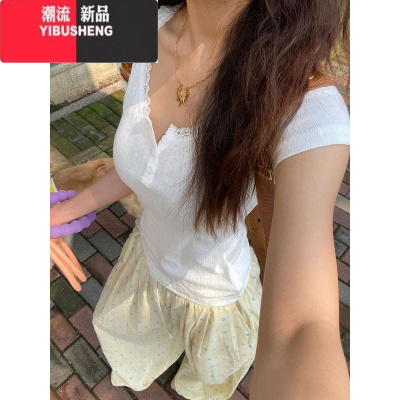YIBUSHENG纯欲蕾丝花边U领短袖T恤女季2024新款修身显瘦甜辣别致短款上衣