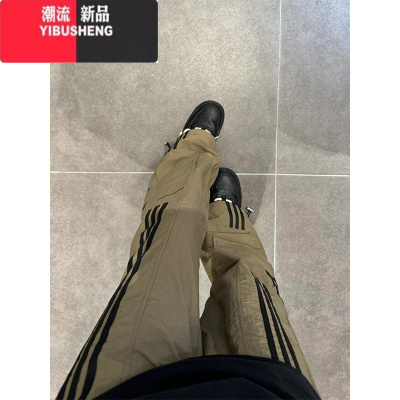 YIBUSHENG美式复古条纹工装裤女薄款宽松直筒阔腿裤子潮牌速干休闲运动裤