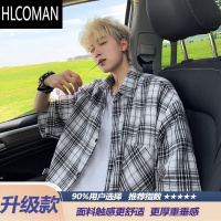 HLCOMAN黑白格子短袖衬衫男夏季美式复古高级感情侣休闲衬衣外套