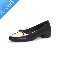 SUNTEK羊皮版~法式庄园气质拼色复古蝴蝶结浅口平底单鞋女秋乐福鞋