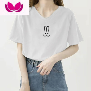 七斓正肩t恤女短袖夏季2023年新款宽松宽松体恤灰色v领纯色上衣潮