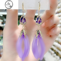 JiMi紫色郁金香耳环韩国气质长款超仙花瓣流苏耳坠网红高级感耳饰耳钩