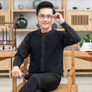 秋冬中年男士保暖加绒加厚拼色开衫外套爸爸装羊毛衫纯色提花开衫