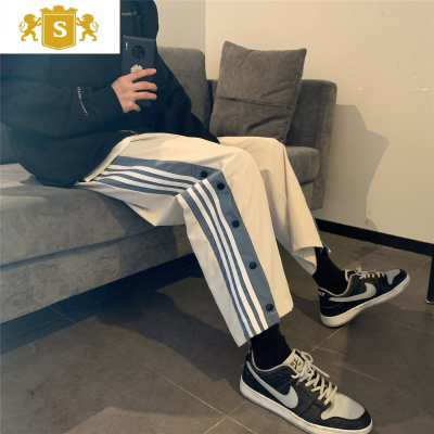 SUNTEK排扣长裤子男春季新款坠感拖地阔腿裤韩版潮流帅气条纹运动裤潮牌休闲裤