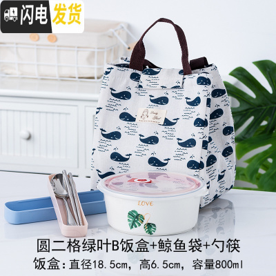 三维工匠微波炉加热分隔型陶瓷饭盒上班族带饭保鲜盒套装密封带盖碗便当盒 圆二格绿叶B饭盒+鲸鱼袋+勺筷