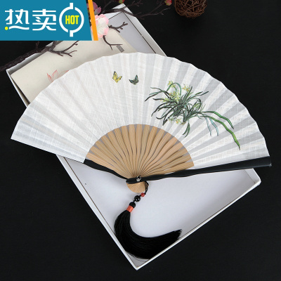 XIANCAI中国风汉服扇子舞蹈扇儿童古风扇夏季跳舞舞蹈折叠古典古装 棉麻女扇兰香幽蝶A