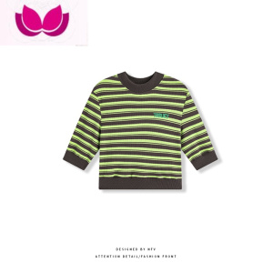 七斓美式复古设计感撞色条纹短袖T恤女夏季修身短款正肩针织衫上衣潮