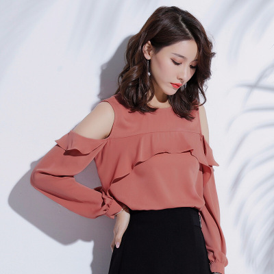 季新款女装露肩圆领长袖气质优雅套头上衣纯色雪纺衫女