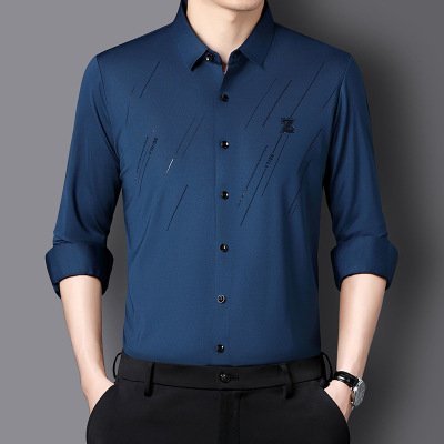 冰丝凉感薄款长袖衬衫男式春秋季新款简约休闲印花弹力男式衬衣