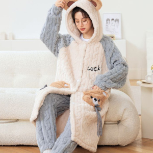 浪莎珊瑚绒睡衣女冬季新款可爱睡袍宽松加厚连帽可外穿家居服套装