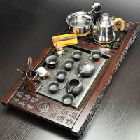 家柏饰(CORATED)黑檀乌金石头茶盘电热炉仿汝窑紫砂茶具套装四合一TF2796 z