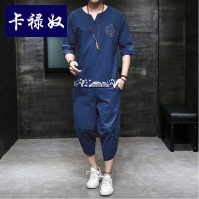 卡禄奴亚麻套装男短袖夏季薄款T恤中国风两件套棉麻2021七分裤刺绣衣服一套