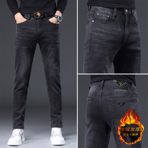轻奢欧货新款黑灰色牛仔裤男秋冬加绒休闲弹力潮牌修身小脚裤