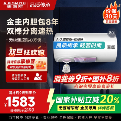 AO史密斯佳尼特 80升电热水器 金圭内胆8年免费包换 双棒分离速热 可遥控大屏 CTE-80TT 储水式