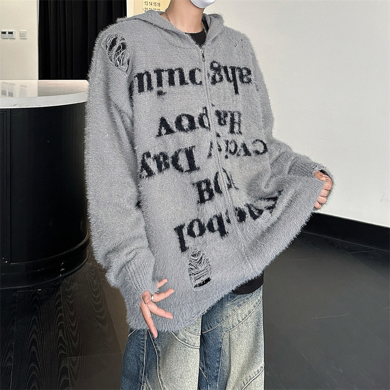 毛衣男春秋季美式高街连帽针织衫宽松百搭慵懒风提花休闲情侣外套