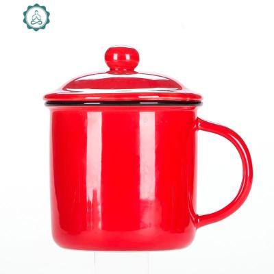 创意彩色仿搪瓷杯复古陶瓷杯老式马克杯带盖礼品定制茶缸经典怀旧封后