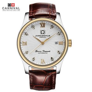 瑞士嘉年华CARNIVAL手表名匠系列男士全自动机械表 男休闲时尚日历防水背透精钢真皮表带商务男表 腕表8828G水钻款