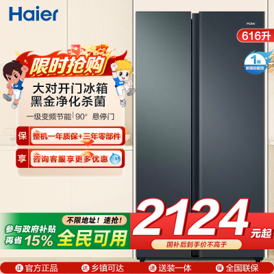 海尔(Haier)616升对开门超薄嵌入冰箱 鲸式储量 黑金净化 双变频一级能效 BCD-616WGHSSEDC9