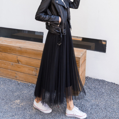 暖青汇网纱裙女半身裙秋2020新款黑色百褶裙中长款抖音chic仙女裙秋冬半身裙