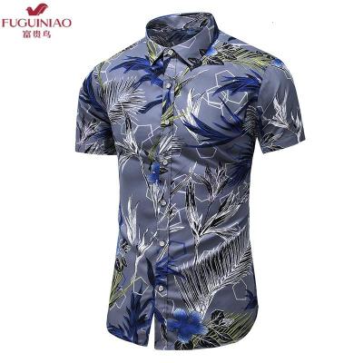 富贵鸟（FUGUINIAO）夏装青年男士沙滩短袖衬衫印花宽松肥佬胖子衬衣加大码休闲度假潮
