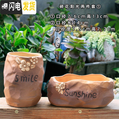 三维工匠多肉花盆陶瓷粗陶透气简约肉肉植物创意复古大小口径花盆 碎花阳光两件套 大花盆容器