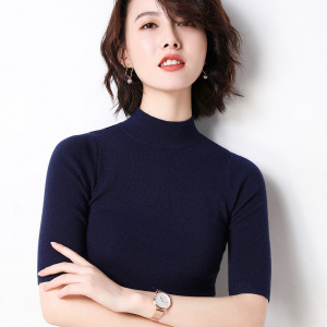 白色T恤女春装新款韩版半袖纯色修身中袖上衣内搭5分袖针织衫