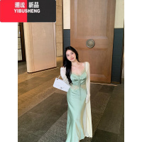 YIBUSHENG蕾丝拼接缎面吊带连衣裙女季高级感长裙气质收腰显身材包臀裙子