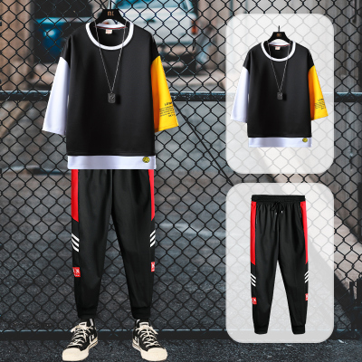 狮臣SHICHEN2020年秋季新款休闲运动套装男卫衣套装男百搭青少年圆领七分袖卫衣套头卫衣套装男装TZ9020黑色L