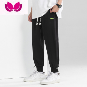 七斓日系潮牌裤子男士夏季薄款青少年运动休闲长裤宽松束脚黑色卫裤男