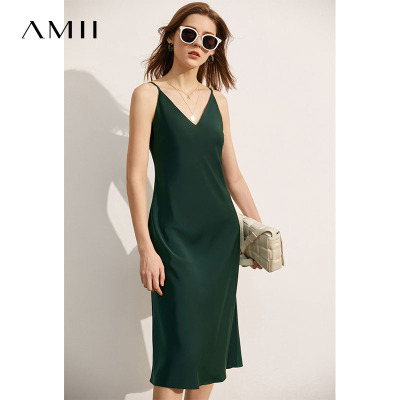 Amii极简法式气质缎面雪纺连衣裙2021春季新款修身V领吊带裙子女